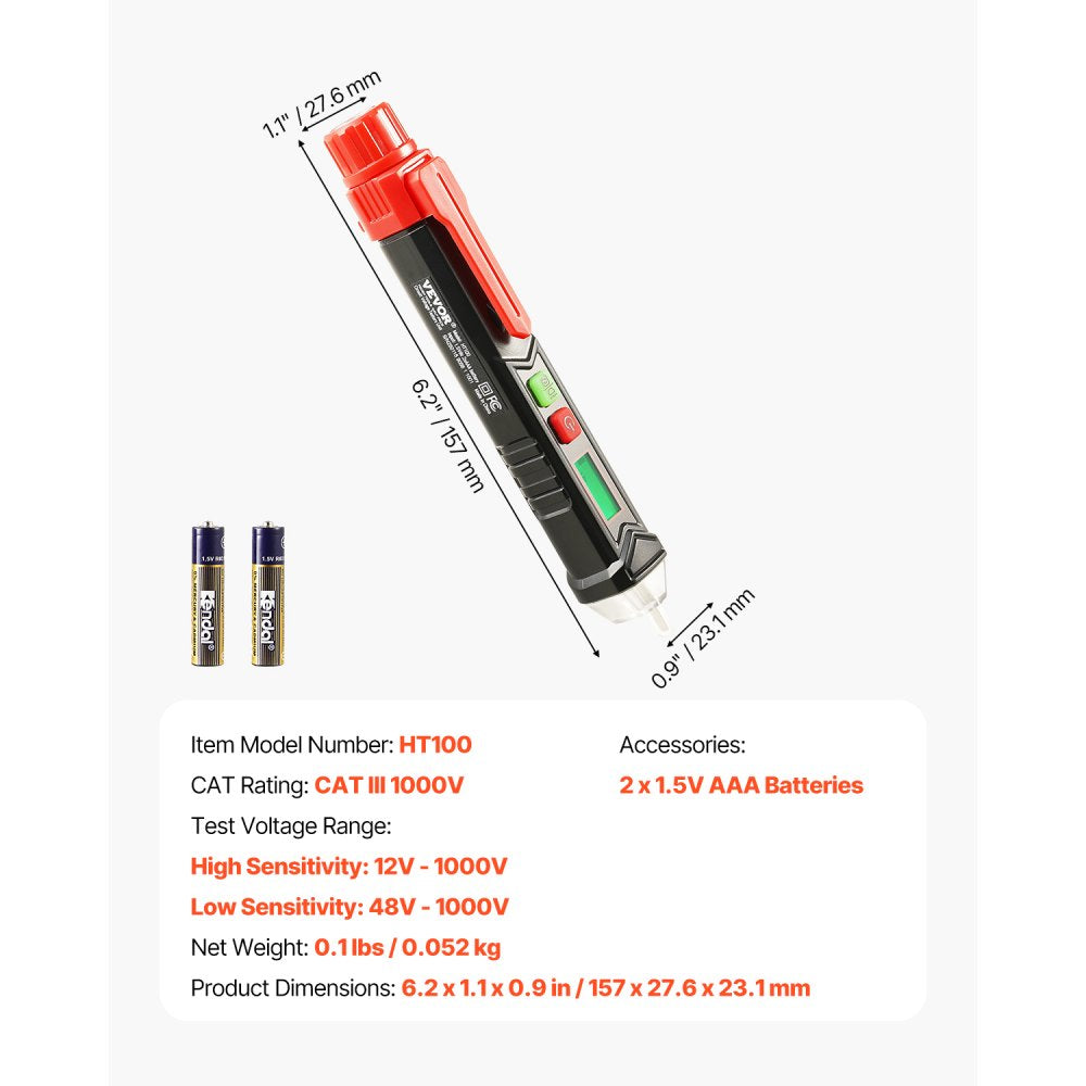 VEVOR Voltage Tester, Non-Contact Voltage Detector with Adjustable Sensitivity, Dual Range AC 12V-1000V/48V-1000V Live & Null Wire Tester Pen with Visual and Audible Alarms, CAT III 1000V Rating