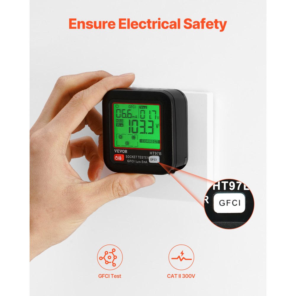 VEVOR Outlet Tester, Electrical GFCI Trip Tester, LCD Display Receptacle Detector for 7 Common Wiring Faults, 3 Prong Socket Detector with Auto Shutoff & Low Battery Indicator, CAT II 300V Rating