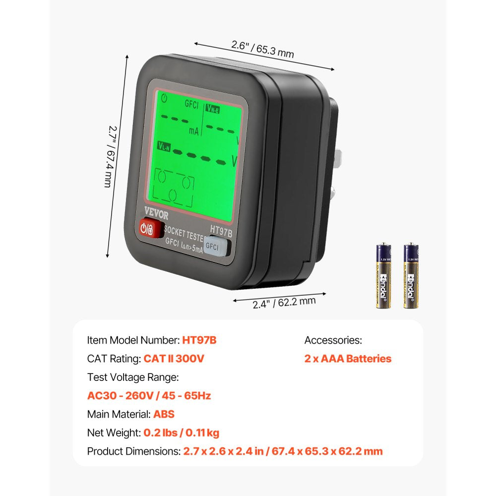 VEVOR Outlet Tester, Electrical GFCI Trip Tester, LCD Display Receptacle Detector for 7 Common Wiring Faults, 3 Prong Socket Detector with Auto Shutoff & Low Battery Indicator, CAT II 300V Rating
