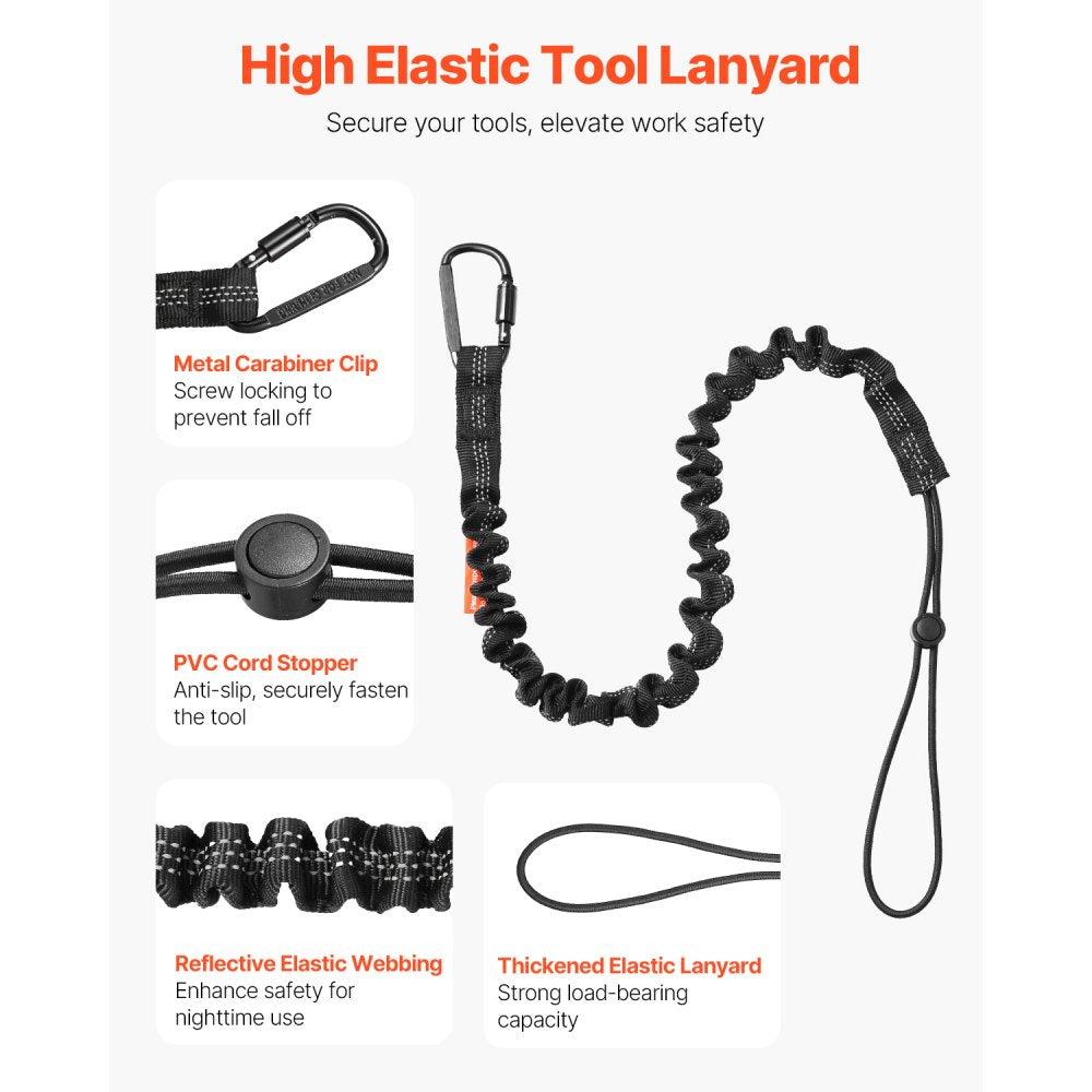 VEVOR 5 Pack Tool Lanyard, Safety Fall Protection Tools Leash with Aluminum Screw Lock Carabiner, 36.61" to 70.87" Retractable Tool Tether for Construction Roofing, Maximum Weight Limit 19.8LBS / 9KG
