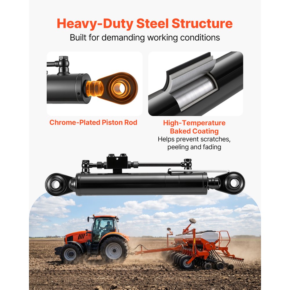 VEVOR Hydraulic Top Link Cat. 2-2 (11 in Stroke, 22-7/16 in to 33-7/16 in), Max 2900PSI Hydraulic Cylinder with 2 Hoses & G3/8" Check Valves for Tractors