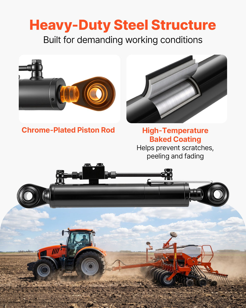 VEVOR Hydraulic Top Link Cat. 2-2 (11 in Stroke, 22-7/16 in to 33-7/16 in), Max 2900PSI Hydraulic Cylinder with 2 Hoses & G3/8" Check Valves for Tractors