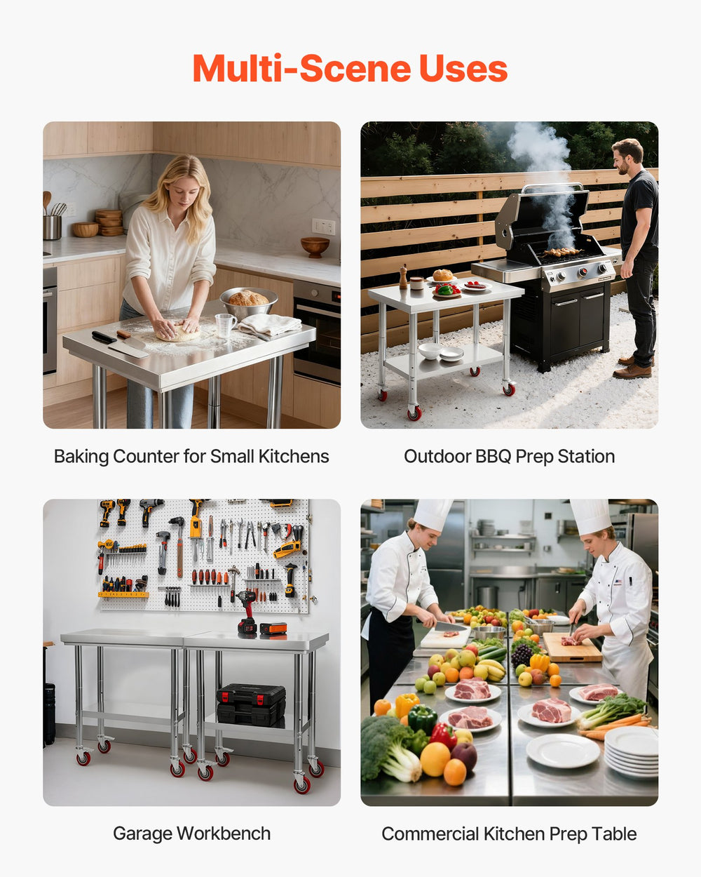VEVOR Stainless Steel Table, 24 x 30 Inches Food Prep Worktable with Wheels, Kitchen Prep Table with Adjustable Undershelf Workstations for Commercial Kitchen, Restaurant, Hotel and Garage, Outdoor