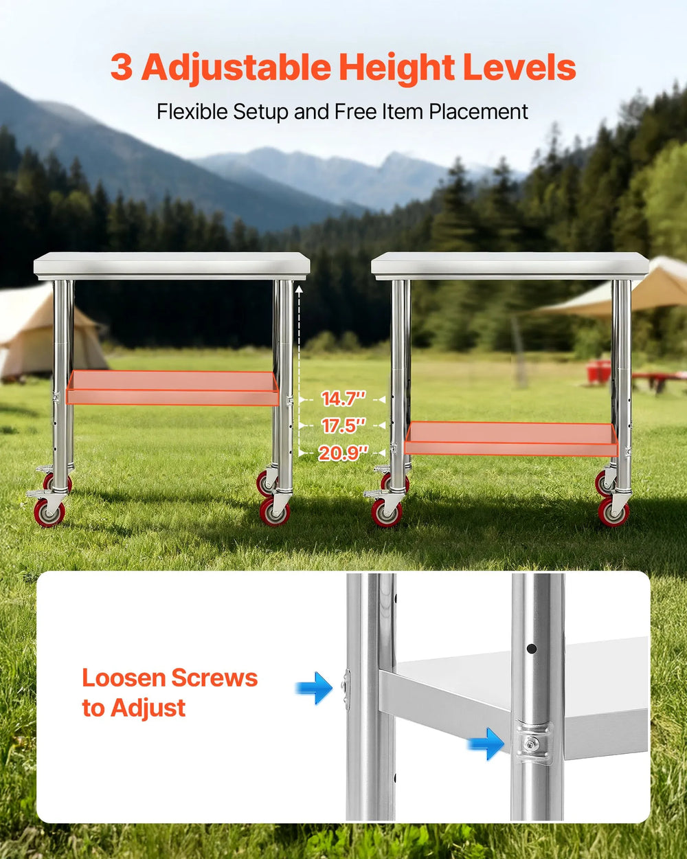 VEVOR Stainless Steel Table, 24 x 35.4 Inches Food Prep Worktable with Wheels, Kitchen Prep Table with Adjustable Undershelf Workstations for Commercial Kitchen, Restaurant, Hotel and Garage, Outdoor