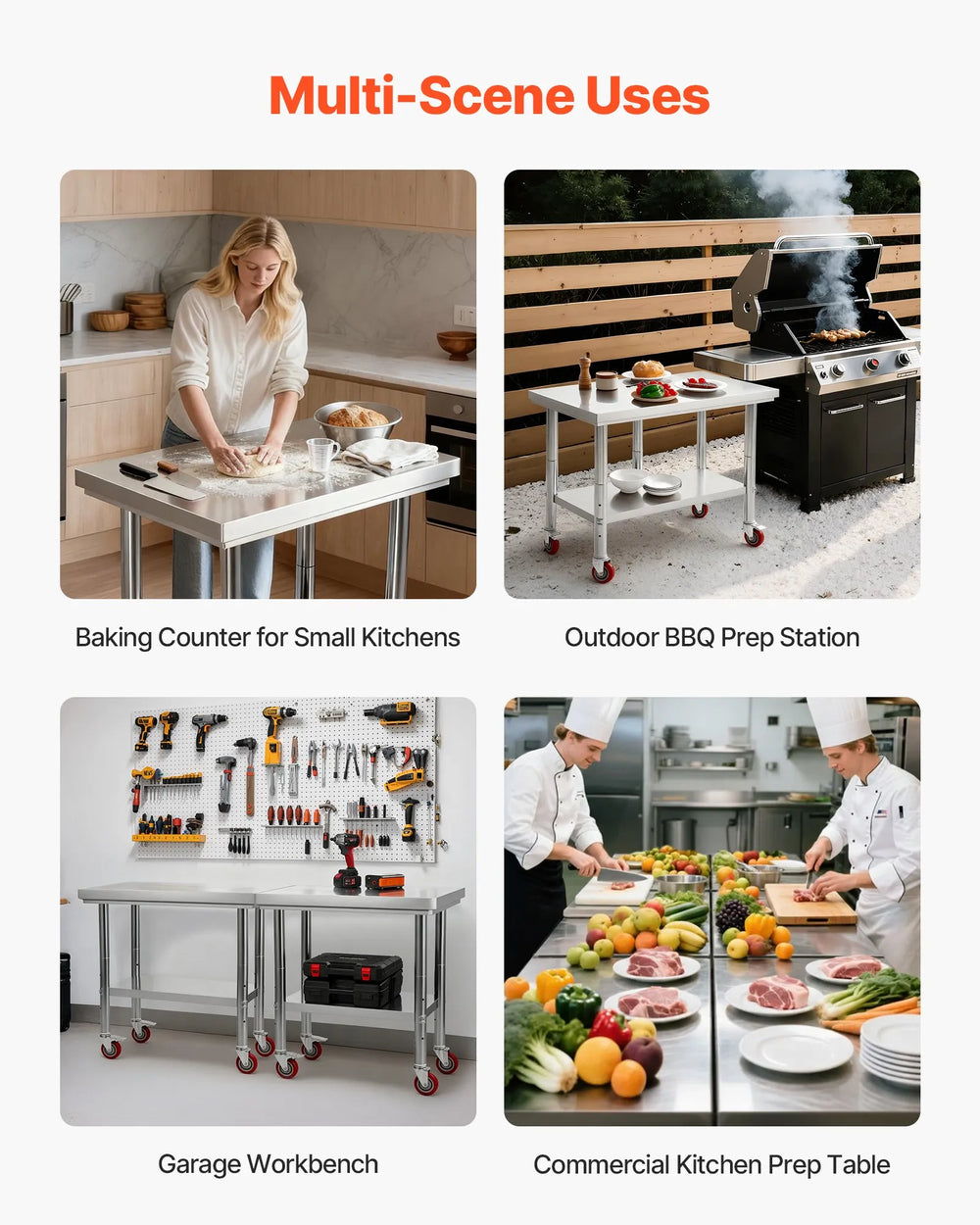 VEVOR Stainless Steel Table, 24 x 35.4 Inches Food Prep Worktable with Wheels, Kitchen Prep Table with Adjustable Undershelf Workstations for Commercial Kitchen, Restaurant, Hotel and Garage, Outdoor