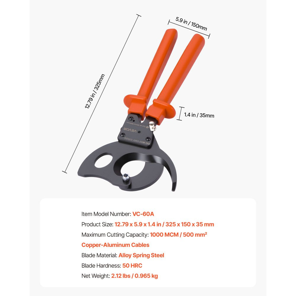 VEVOR Ratcheting Cable Cutter, Spring Steel Blades with PVC-Coated Handles, Quick-Release Button, Heavy Duty Ratchet Cable Wire Cutter for Cutting Copper & Aluminum Cables Up to 1000 MCM / 500 mm²