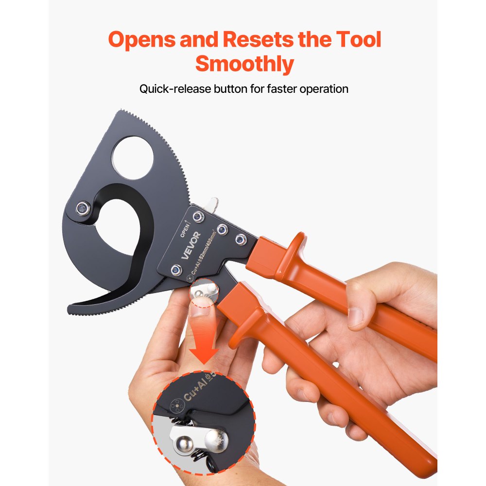 VEVOR Ratcheting Cable Cutter, Spring Steel Blades with PVC-Coated Handles, Quick-Release Button, Heavy Duty Ratchet Cable Wire Cutter for Cutting Copper & Aluminum Cables Up to 800 MCM / 400 mm²