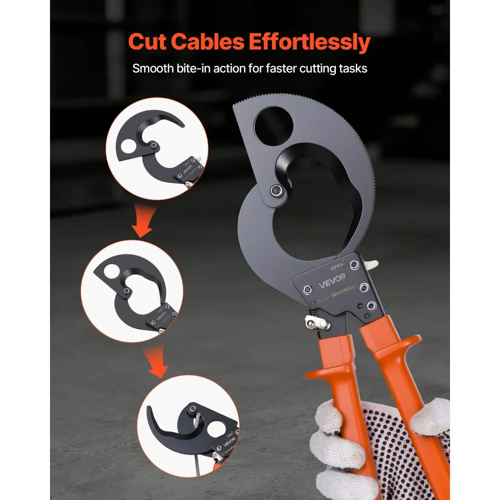 VEVOR Ratcheting Cable Cutter, Spring Steel Blades with PVC-Coated Handles, Quick-Release Button, Heavy Duty Ratchet Cable Wire Cutter for Cutting Copper & Aluminum Cables Up to 800 MCM / 400 mm²