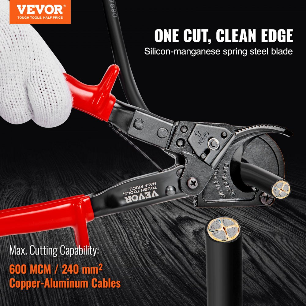 VEVOR Ratcheting Cable Cutter, 10" Wire Cutter Heavy Duty with Gloves, Strong Silicon-Manganese Spring Steel Blade-for Cutting Up to  240 mm² /473 MCM  Electrical Wire