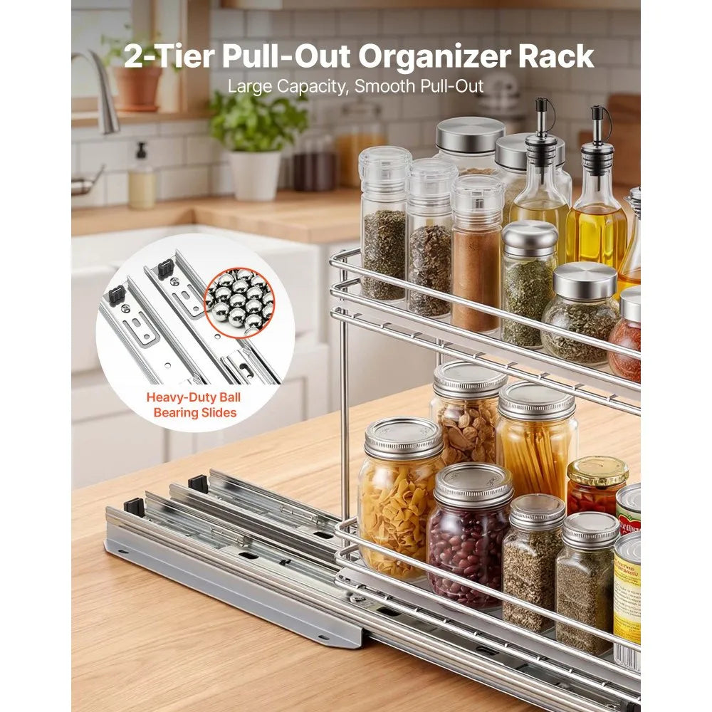VEVOR Pull Out Spice Rack Organizer for Cabinet, 2 Tier Slide Out Spice Rack Organizer, Heavy Duty Metal Seasoning Kitchen Basket for Inside Cabinets & Pantry Closet, 4.33"W x 8.46"D x 10.43"H, Silver