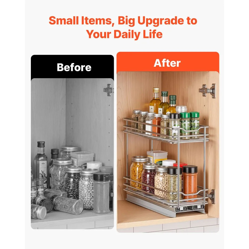VEVOR Pull Out Spice Rack Organizer for Cabinet, 2 Tier Slide Out Spice Rack Organizer, Heavy Duty Metal Seasoning Kitchen Basket for Inside Cabinets & Pantry Closet, 4.33"W x 8.46"D x 10.43"H, Silver