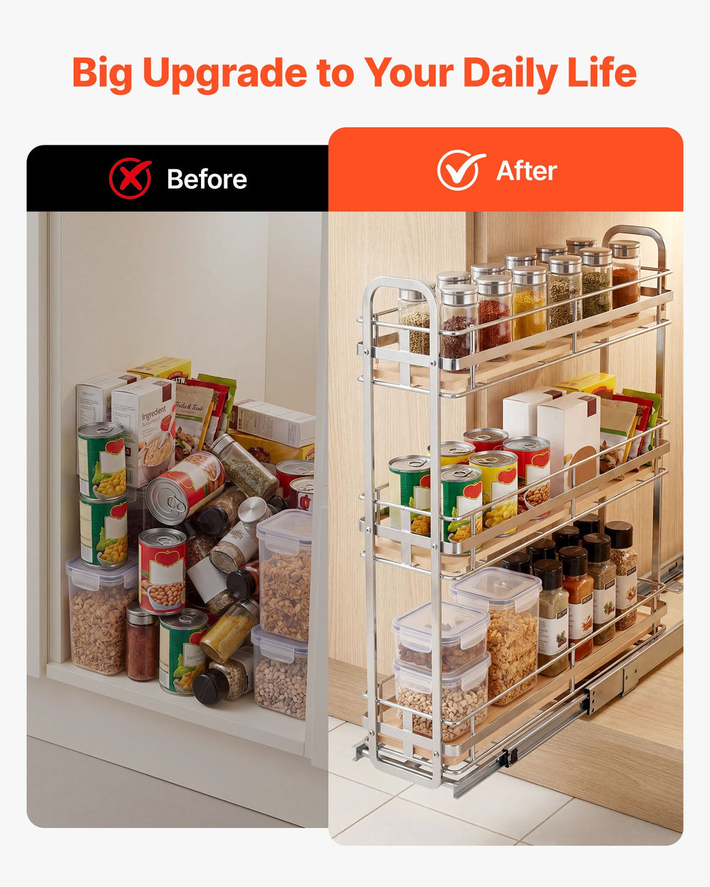 VEVOR Pull Out Spice Rack Organizer for Cabinet, 3 Tier Slide Out Spice Rack Organizer, Height Adjustable Heavy Duty Metal Seasoning Kitchen Basket for Cabinets, 5.75"W x 20.98"D x 21.34"H, Silver
