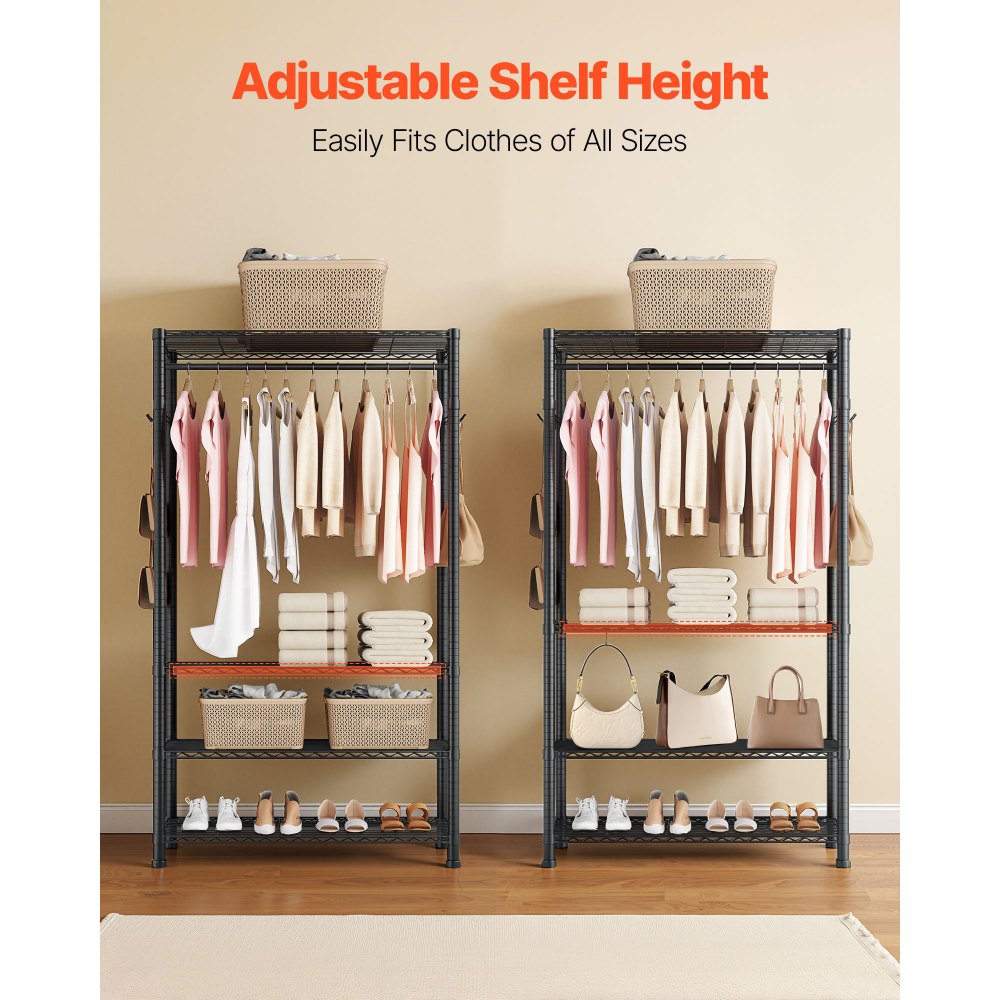 VEVOR Clothing Garment Rack, Heavy Duty Clothing Garment Rack, 4 Adjustable Tiers Clothing Racks with Carbon Steel, 500 lbs Load Capacity Closet Wardrobe for Bedroom, Clothing Store, Hallway