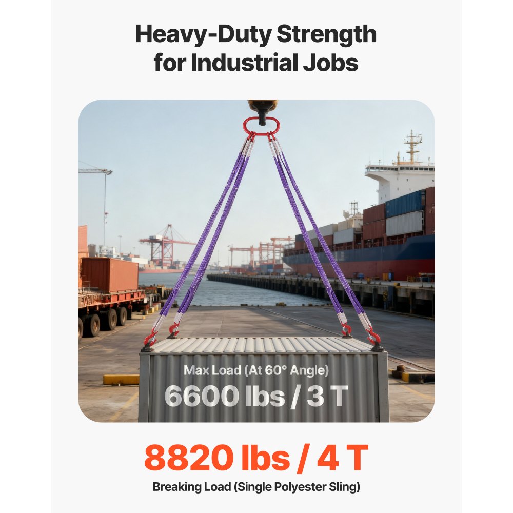 VEVOR Lifting Sling Straps, Four Leg Polyester Bridle Sling with Hooks, 6600LB Capacity, 5Ft Heavy Duty Rigging Strap, Thickened & Wear-Resistant Webbing Slings for Engines Cranes Hoists Truck