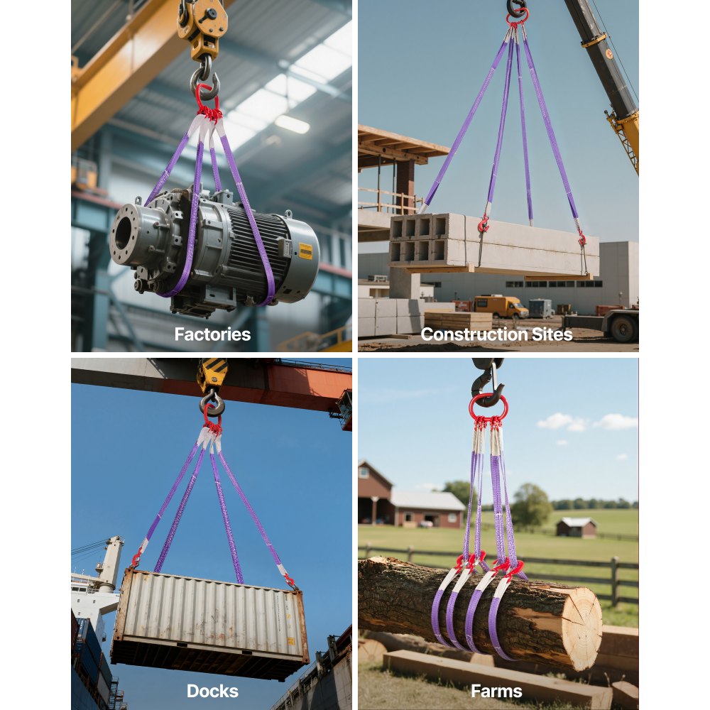 VEVOR Lifting Sling Straps, Four Leg Polyester Bridle Sling with Hooks, 6600LB Capacity, 5Ft Heavy Duty Rigging Strap, Thickened & Wear-Resistant Webbing Slings for Engines Cranes Hoists Truck
