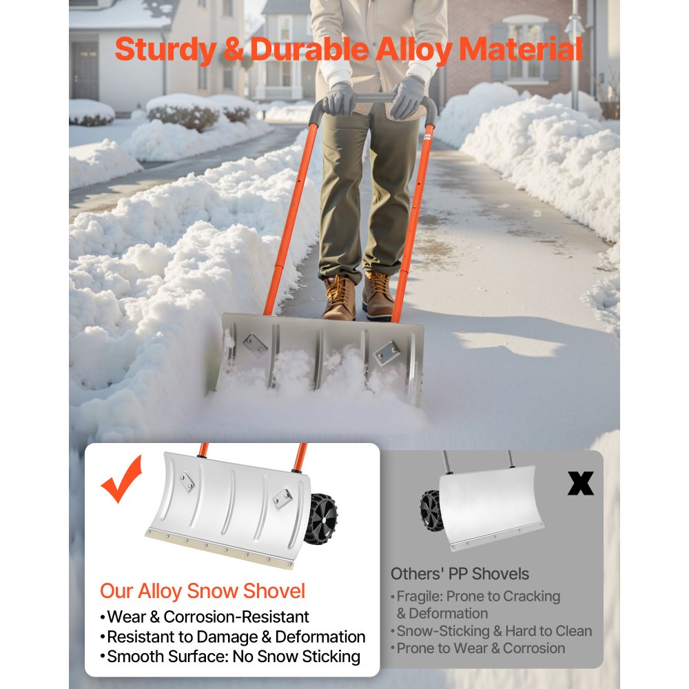 VEVOR Snow Pusher Shovel with Wheels, 24 in Wheeled Snowplow Shovel with Bi-Directional Angled Blade & 90 Degree Adjustable Handle, Metal Winter Shovels, Portable Snow Removal Tool for Driveway Garden