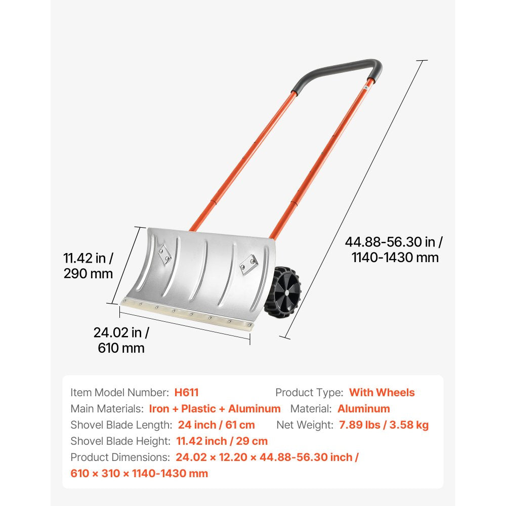 VEVOR Snow Pusher Shovel with Wheels, 24 in Wheeled Snowplow Shovel with Bi-Directional Angled Blade & 90 Degree Adjustable Handle, Metal Winter Shovels, Portable Snow Removal Tool for Driveway Garden