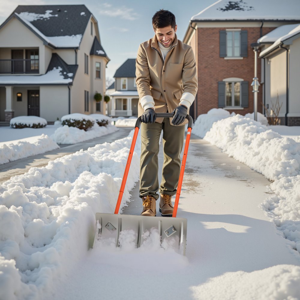 VEVOR Snow Pusher Shovel with Wheels, 24 in Wheeled Snowplow Shovel with Bi-Directional Angled Blade & 90 Degree Adjustable Handle, Metal Winter Shovels, Portable Snow Removal Tool for Driveway Garden