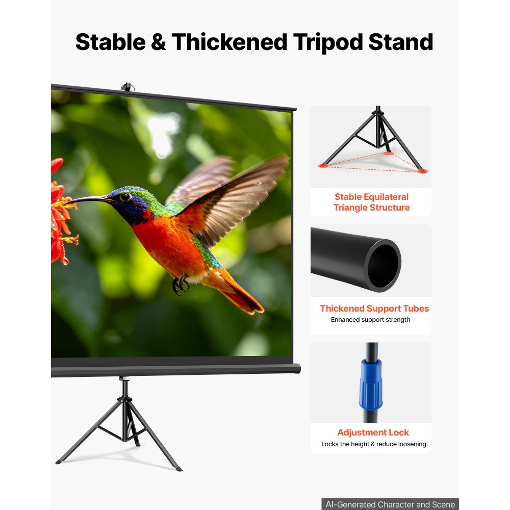VEVOR Projector Screen with Stand, 120 Inch 4:3 4K 1080P HD Movie Screen, 170° Wide Viewing, Wrinkle-Free Projection Screen with Stable Tripod & Portable Bag for Home Theater, Immersive Movie Nights