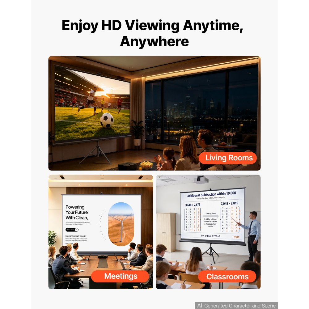 VEVOR Projector Screen with Stand, 120 Inch 4:3 4K 1080P HD Movie Screen, 170° Wide Viewing, Wrinkle-Free Projection Screen with Stable Tripod & Portable Bag for Home Theater, Immersive Movie Nights