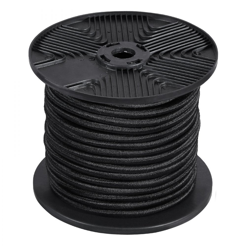 VEVOR 1/4 inch Bungee Cord, 120 ft/36 m Spool Heavy Duty Bungee Straps, 100% Stretch Elastic Bungee Rope for Cargo, Tarps, Camping, Kayak Deck and Crafting, Black