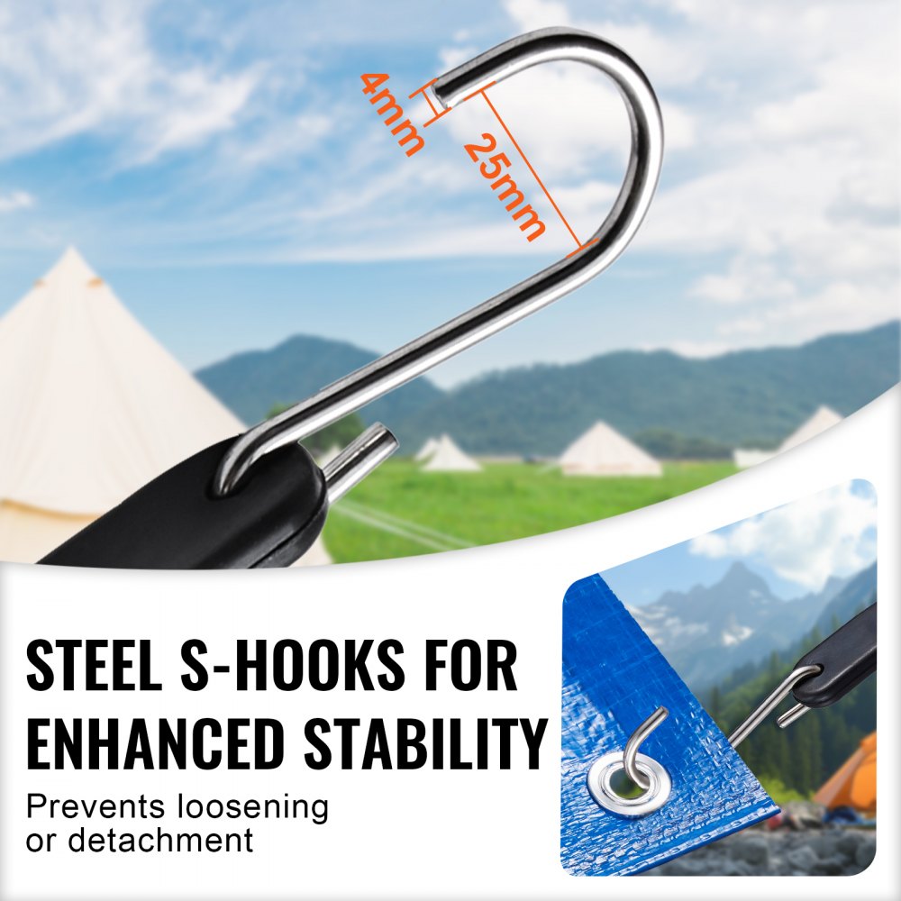 VEVOR 10 Piece Flat Bungee Cord, 20 mm Heavy Duty Bungee Straps with Steel S-Hooks, 24" Elastic Bungee Rope for Cargo, Tarps, Trucks and Tent, Black