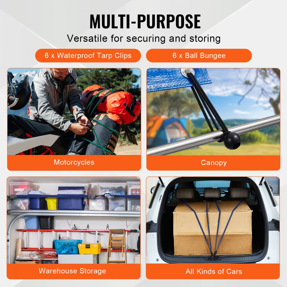 VEVOR 32 Piece Flat Bungee Cord Set, 17 mm Heavy Duty Bungee Straps with A3 Steel J-Hooks, Includes 10", 18", 24", 32", 40", Bungee Rope with Portable Storage Bag, 6 Clips & Canopy Ties