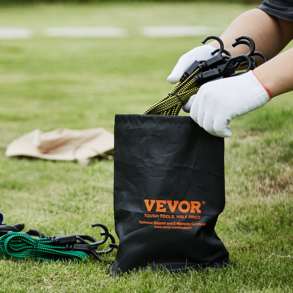 VEVOR 32 Piece Flat Bungee Cord Set, 17 mm Heavy Duty Bungee Straps with A3 Steel J-Hooks, Includes 10", 18", 24", 32", 40", Bungee Rope with Portable Storage Bag, 6 Clips & Canopy Ties