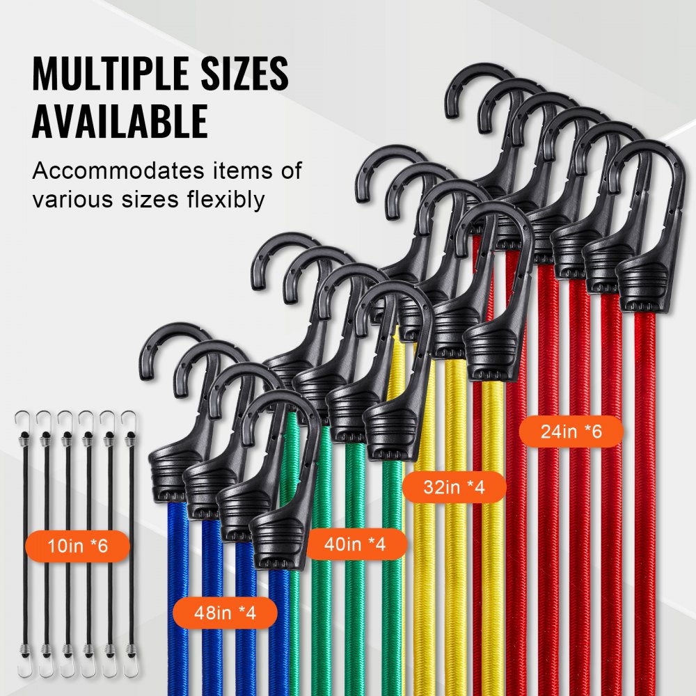 VEVOR 32 Piece Bungee Cords Assortment, 8 mm Heavy Duty Bungee Straps with A3 Steel Hooks, Including 10", 24", 32", 40", 48", Bungee Ropes Set with Portable Storage Bag, 4 Clips & Canopy Ties