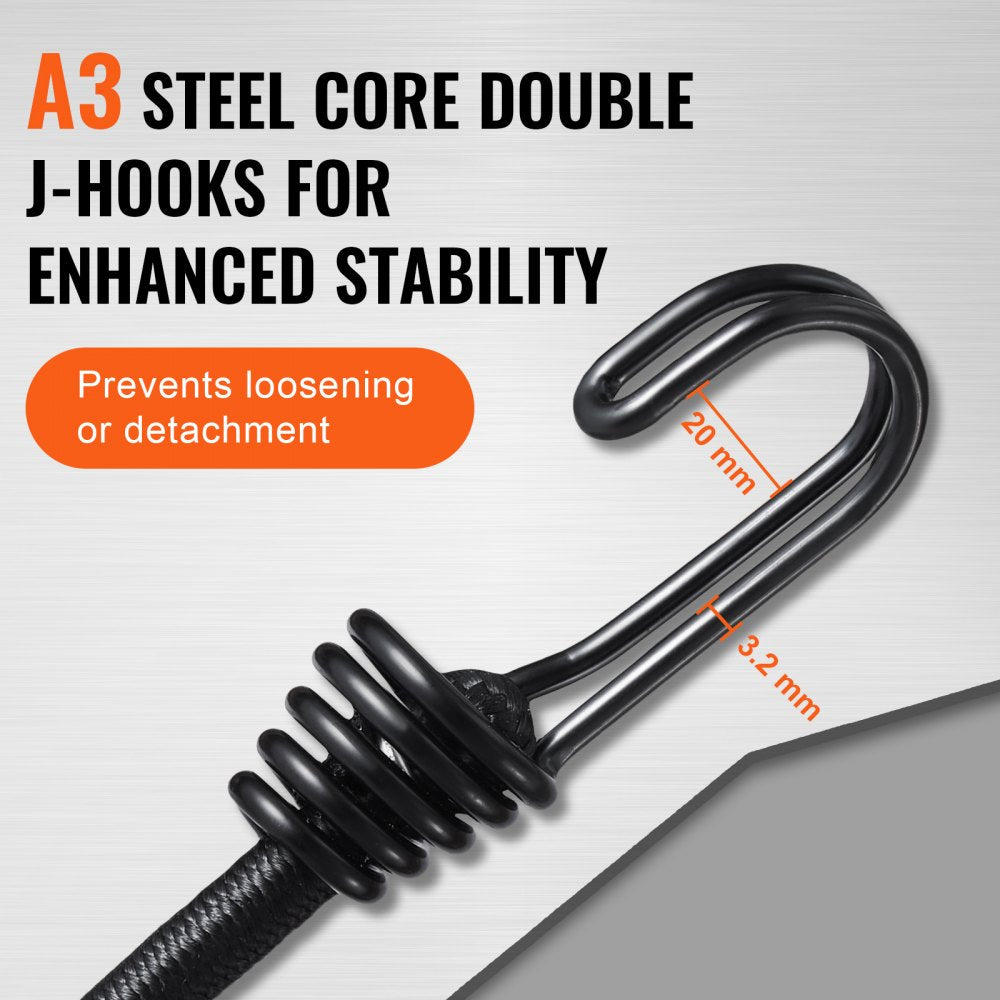 VEVOR 12 Piece Bungee Cords with A3 Steel Hooks, 32 Inch Heavy Duty Bungee Straps, 8 mm Elastic Bungee Ropes Set for Camping, Tarps, Motorcycle, Truck and Tent, Black