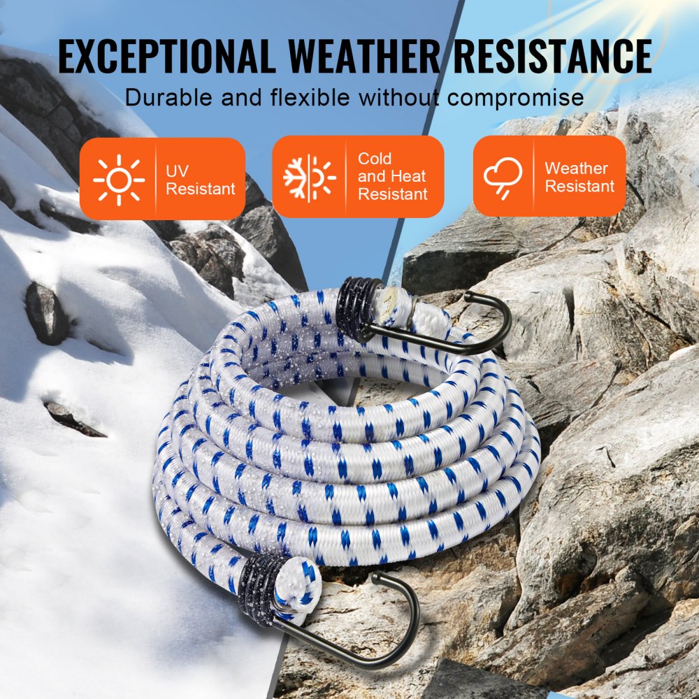 VEVOR 6 Piece Bungee Cords with A3 Steel Hooks, 72 Inch Heavy Duty Bungee Straps, 12 mm Elastic Bungee Ropes Set for Camping, Tarps, Motorcycle, Truck and Tent, White with Blue Stripes