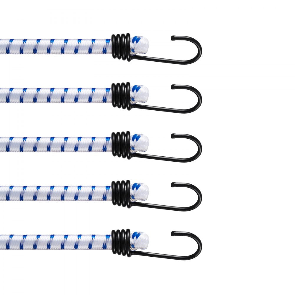 VEVOR 6 Piece Bungee Cords with A3 Steel Hooks, 72 Inch Heavy Duty Bungee Straps, 12 mm Elastic Bungee Ropes Set for Camping, Tarps, Motorcycle, Truck and Tent, White with Blue Stripes