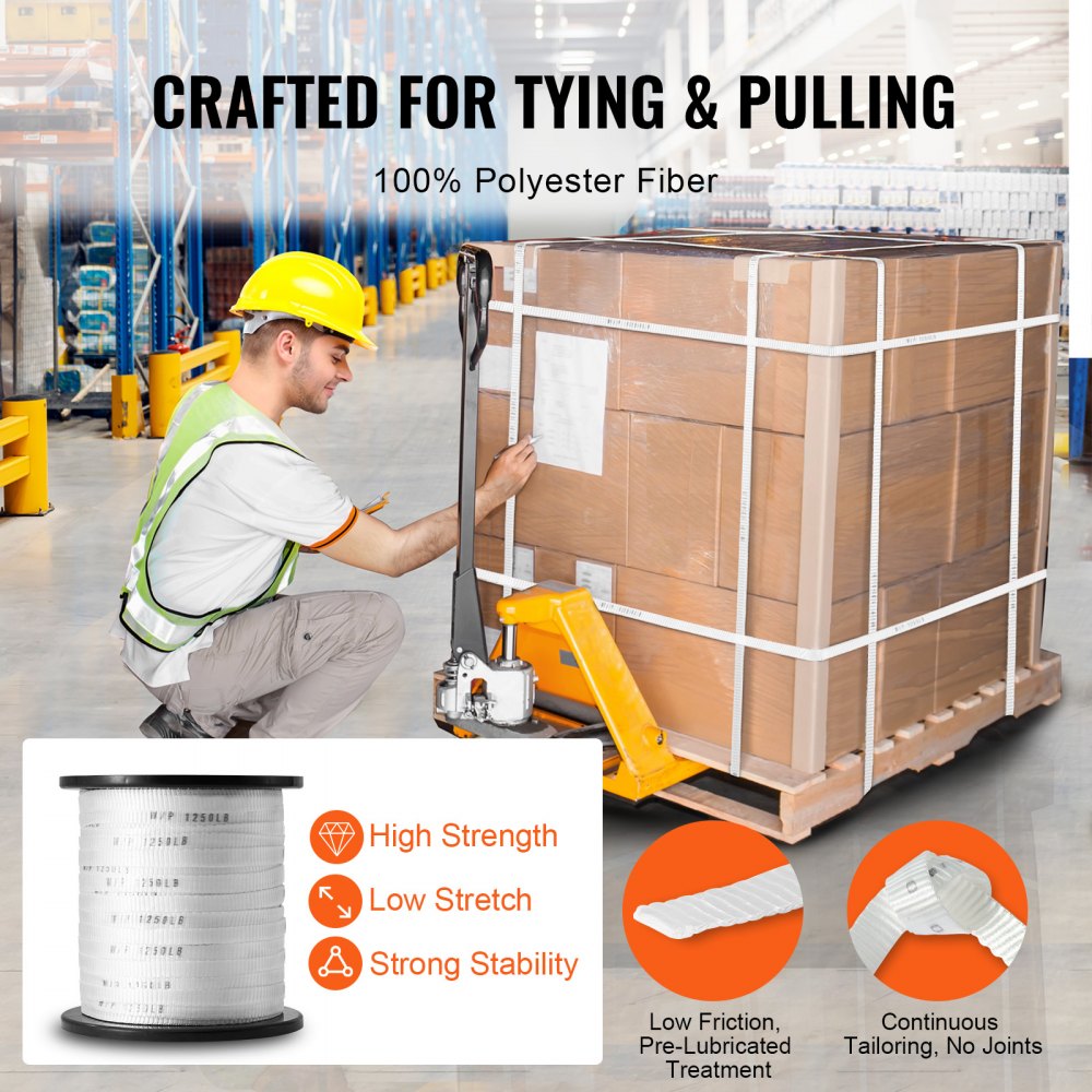 VEVOR Polyester Pull Tape, 1/2" x 528' Mule Tape Flat Rope, 1250 lbf Tensile Capacity, Printed Webbing Cable Pulling Tape for Packaging, Gardening, Commercial Electrical, Conduit Work, White