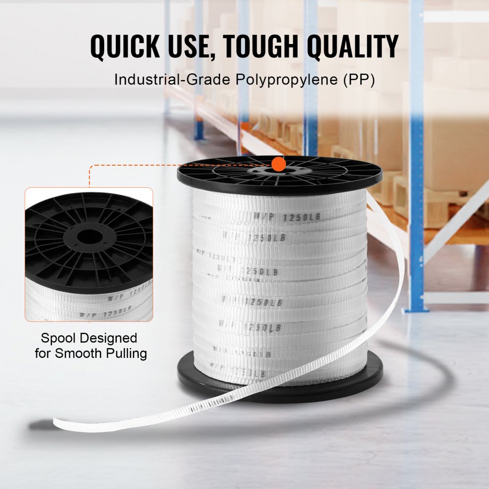 VEVOR Polyester Pull Tape, 1/2" x 528' Mule Tape Flat Rope, 1250 lbf Tensile Capacity, Printed Webbing Cable Pulling Tape for Packaging, Gardening, Commercial Electrical, Conduit Work, White