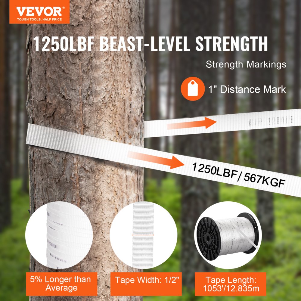 VEVOR Polyester Pull Tape, 1/2" x 1053' Mule Tape Flat Rope, 1250 lbf Tensile Capacity, Printed Webbing Cable Pulling Tape for Packaging, Gardening, Commercial Electrical, Conduit Work, White