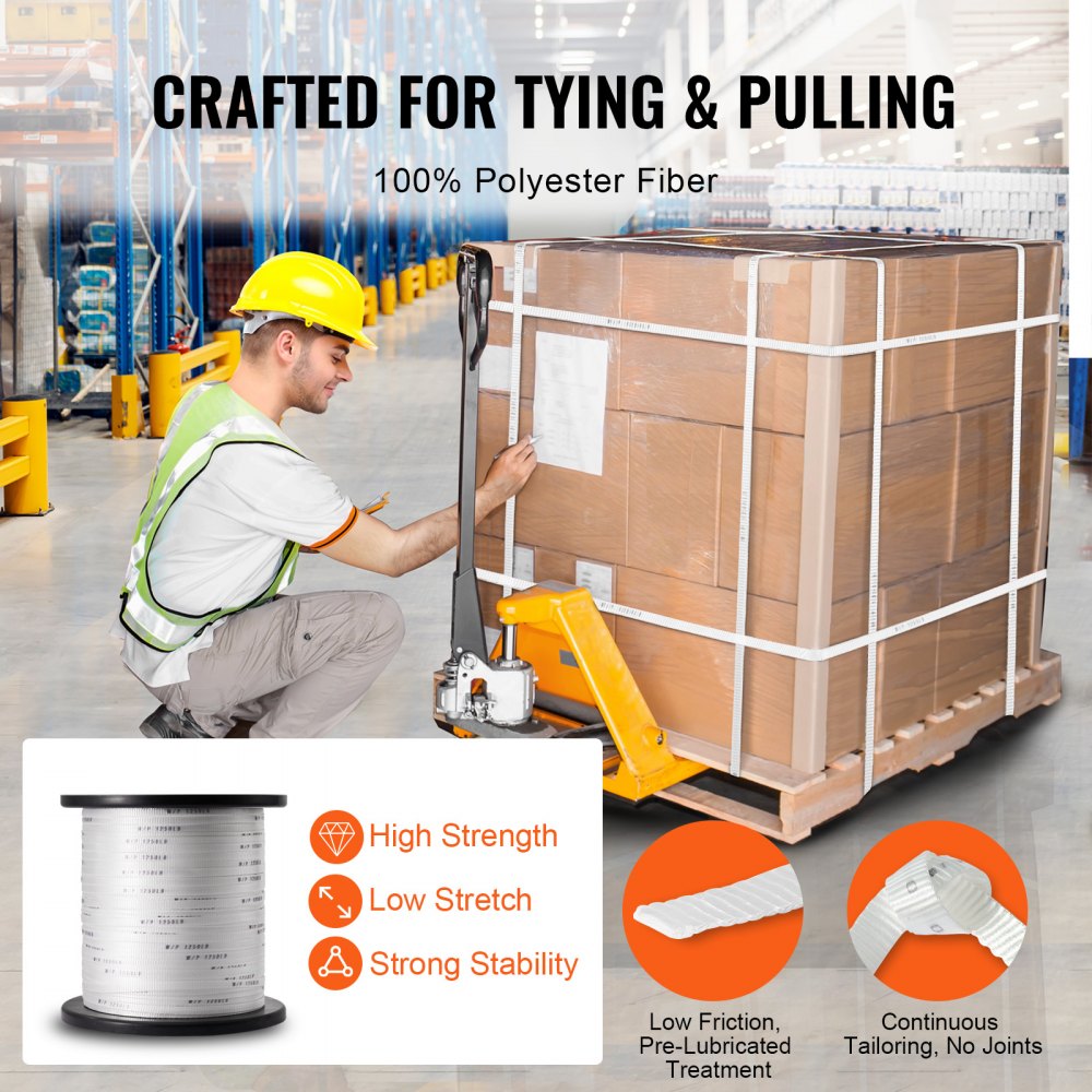 VEVOR Polyester Pull Tape, 1/2" x 1053' Mule Tape Flat Rope, 1250 lbf Tensile Capacity, Printed Webbing Cable Pulling Tape for Packaging, Gardening, Commercial Electrical, Conduit Work, White