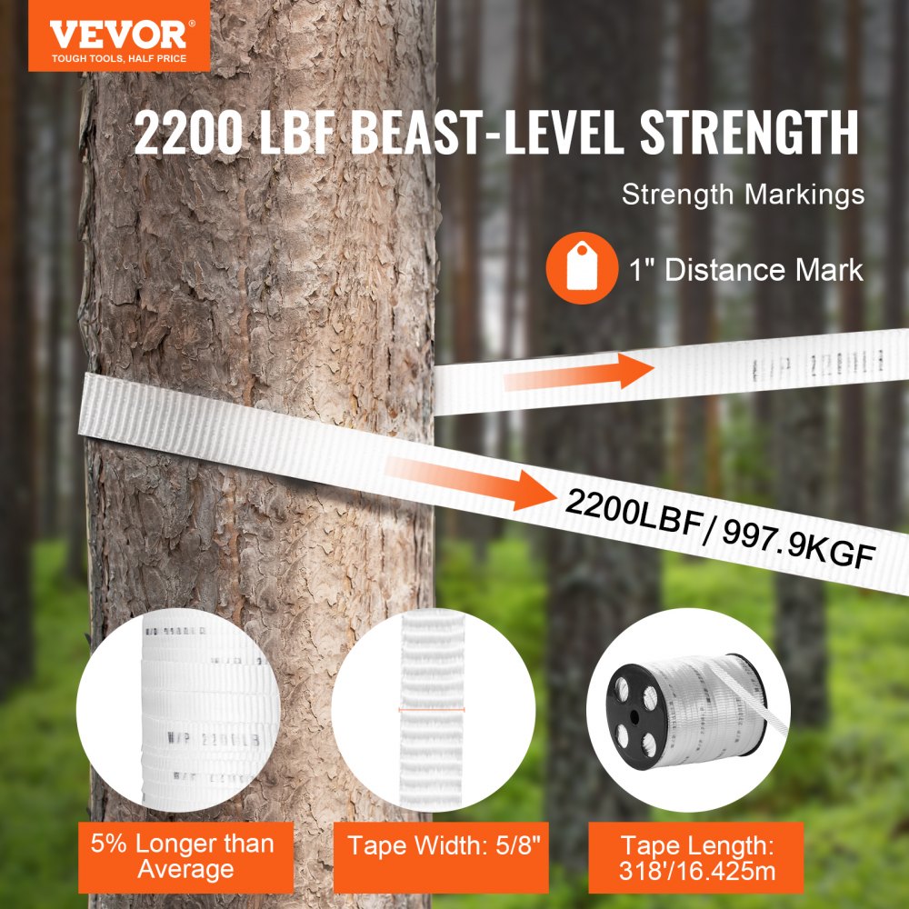 VEVOR Polyester Pull Tape, 5/8" x 318' Mule Tape Flat Rope, 2200 lbf Tensile Capacity, Printed Webbing Cable Pulling Tape for Packaging, Gardening, Commercial Electrical, Conduit Work, White
