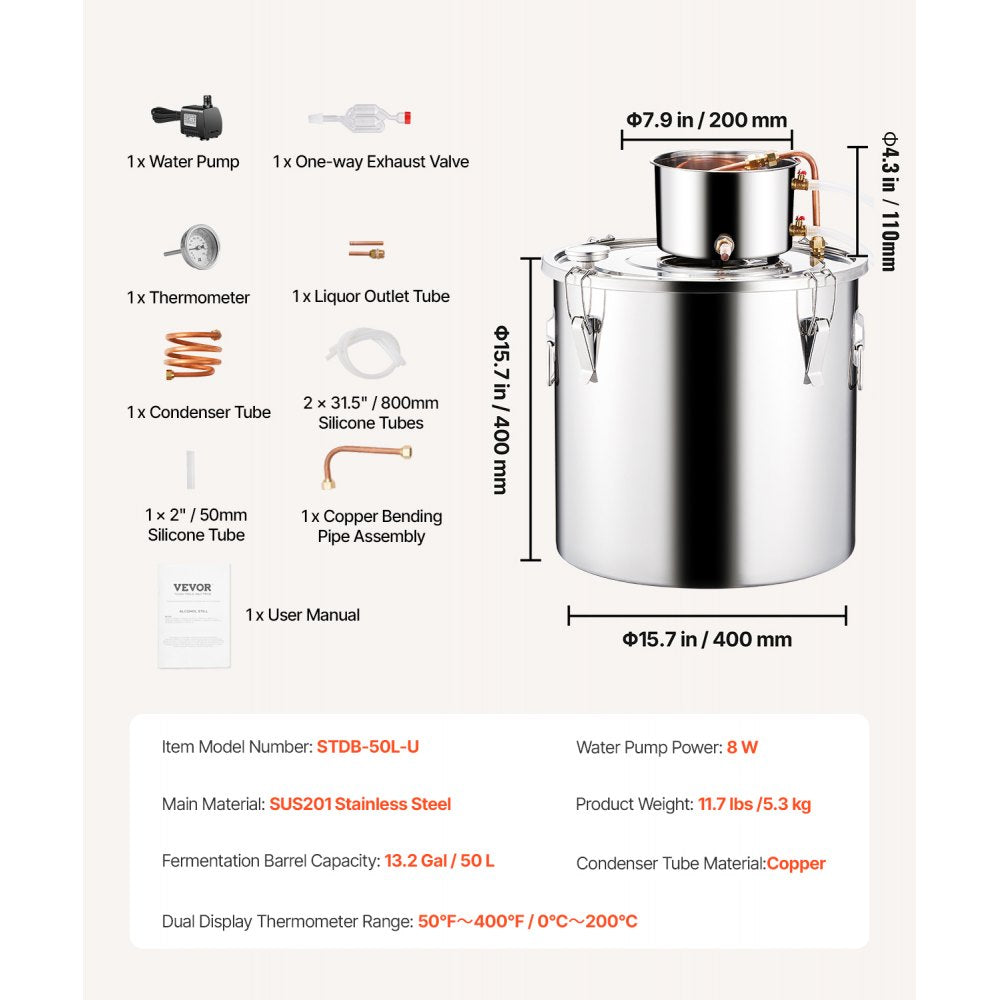 VEVOR Alcohol Still, 13.2 Gal / 50 L Stainless Steel Water Alcohol Distiller with Copper Coil, Home Brewing Refining Fermentation Kit with Thermometer & Pump, for Wine Whisky Brandy, Silver
