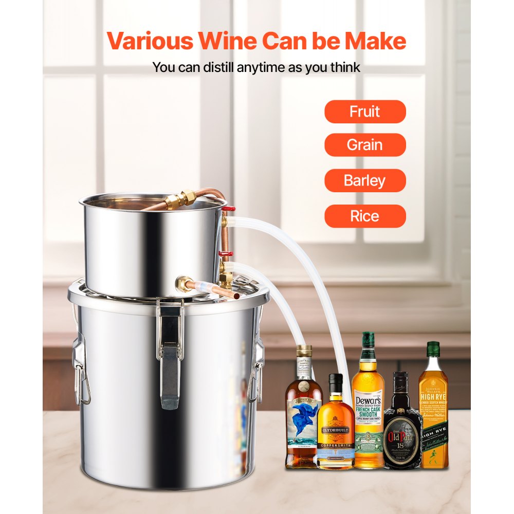 VEVOR Alcohol Still, 3 Gal / 11.4 L Stainless Steel Water Alcohol Distiller with Copper Coil, Home Brewing Refining Fermentation Kit with Thermometer, for Wine Whisky Brandy, Silver