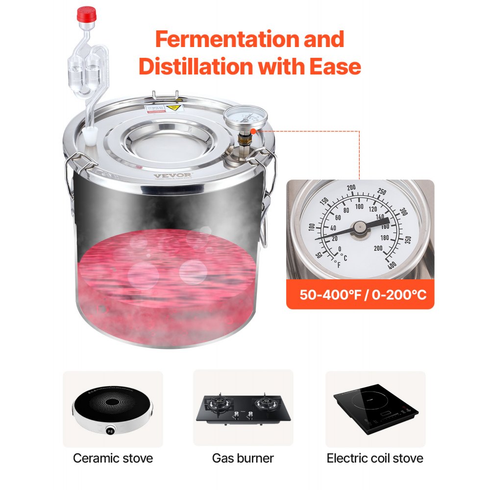 VEVOR Alcohol Still, 3 Gal / 11.4 L Stainless Steel Water Alcohol Distiller with Copper Coil, Home Brewing Refining Fermentation Kit with Thermometer & Pump, for Wine Whisky Brandy, Silver