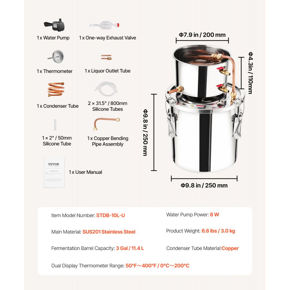 VEVOR Alcohol Still, 3 Gal / 11.4 L Stainless Steel Water Alcohol Distiller with Copper Coil, Home Brewing Refining Fermentation Kit with Thermometer & Pump, for Wine Whisky Brandy, Silver