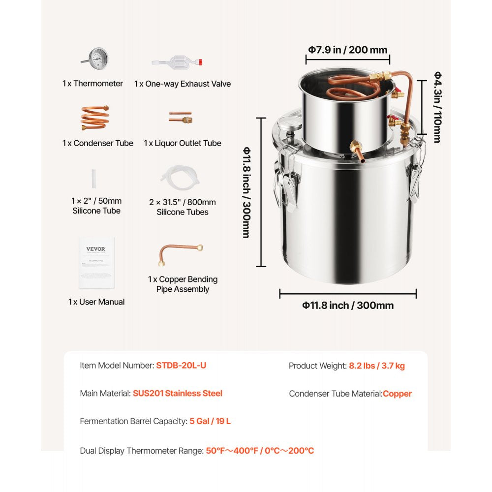 VEVOR Alcohol Still, 5 Gal / 19 L Stainless Steel Water Alcohol Distiller with Copper Coil, Home Brewing Refining Fermentation Kit with Thermometer, for Wine Whisky Brandy, Silver