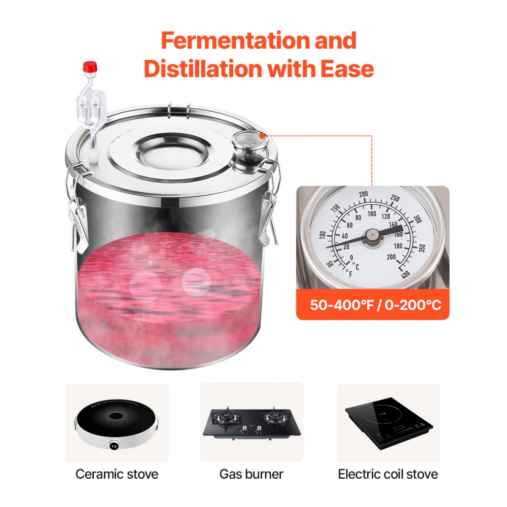 VEVOR Alcohol Still, 8 Gal / 30 L Stainless Steel Water Alcohol Distiller with Copper Coil, Home Brewing Refining Fermentation Kit with Thermometer, for Wine Whisky Brandy, Silver