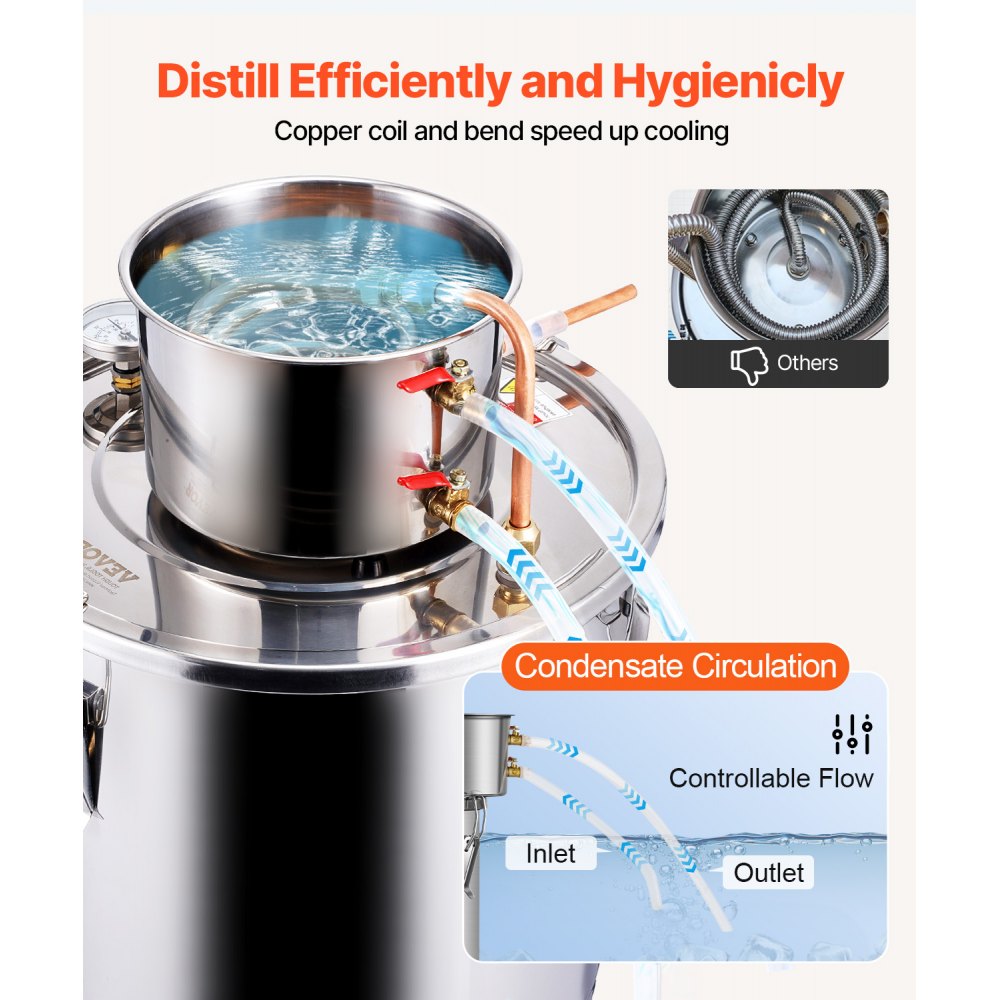 VEVOR Alcohol Still, 8 Gal / 30 L Stainless Steel Water Alcohol Distiller with Copper Coil, Home Brewing Refining Fermentation Kit with Thermometer, for Wine Whisky Brandy, Silver