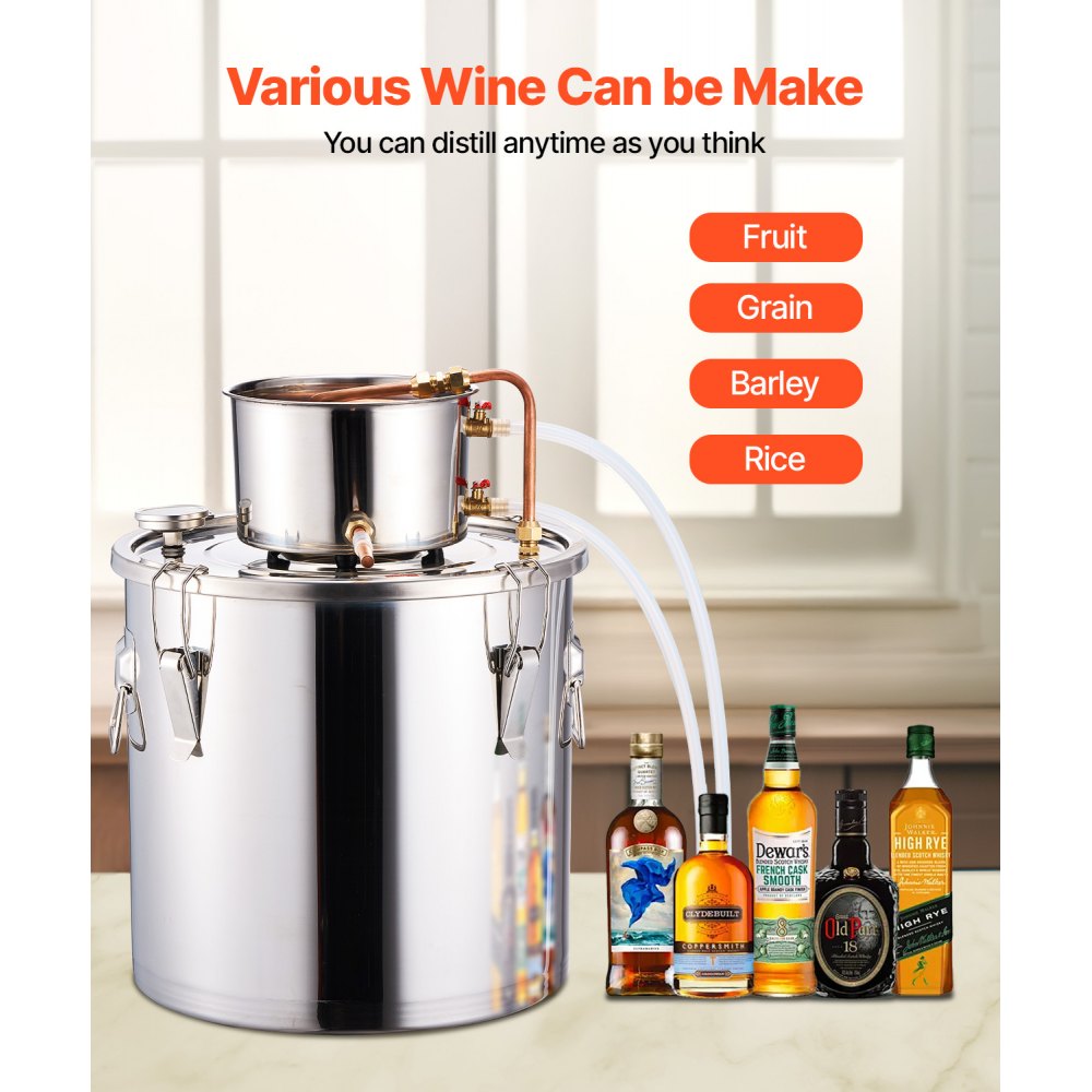 VEVOR Alcohol Still, 8 Gal / 30 L Stainless Steel Water Alcohol Distiller with Copper Coil, Home Brewing Refining Fermentation Kit with Thermometer, for Wine Whisky Brandy, Silver