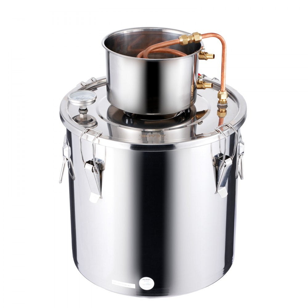 VEVOR Alcohol Still, 8 Gal / 30 L Stainless Steel Water Alcohol Distiller with Copper Coil, Home Brewing Refining Fermentation Kit with Thermometer, for Wine Whisky Brandy, Silver
