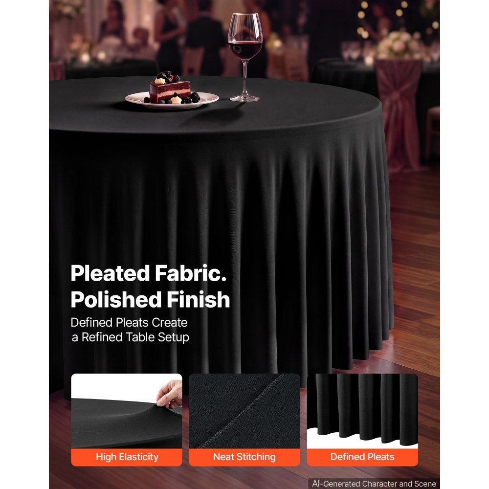 VEVOR Spandex Tablecloth with Skirt, 60-in Round Table Covers 6 Pack, Black, for Party Wedding Banquet Festival, Washable, Reusable, One-Piece, Tight, Fitted Table Cloth with Pleated Skirt