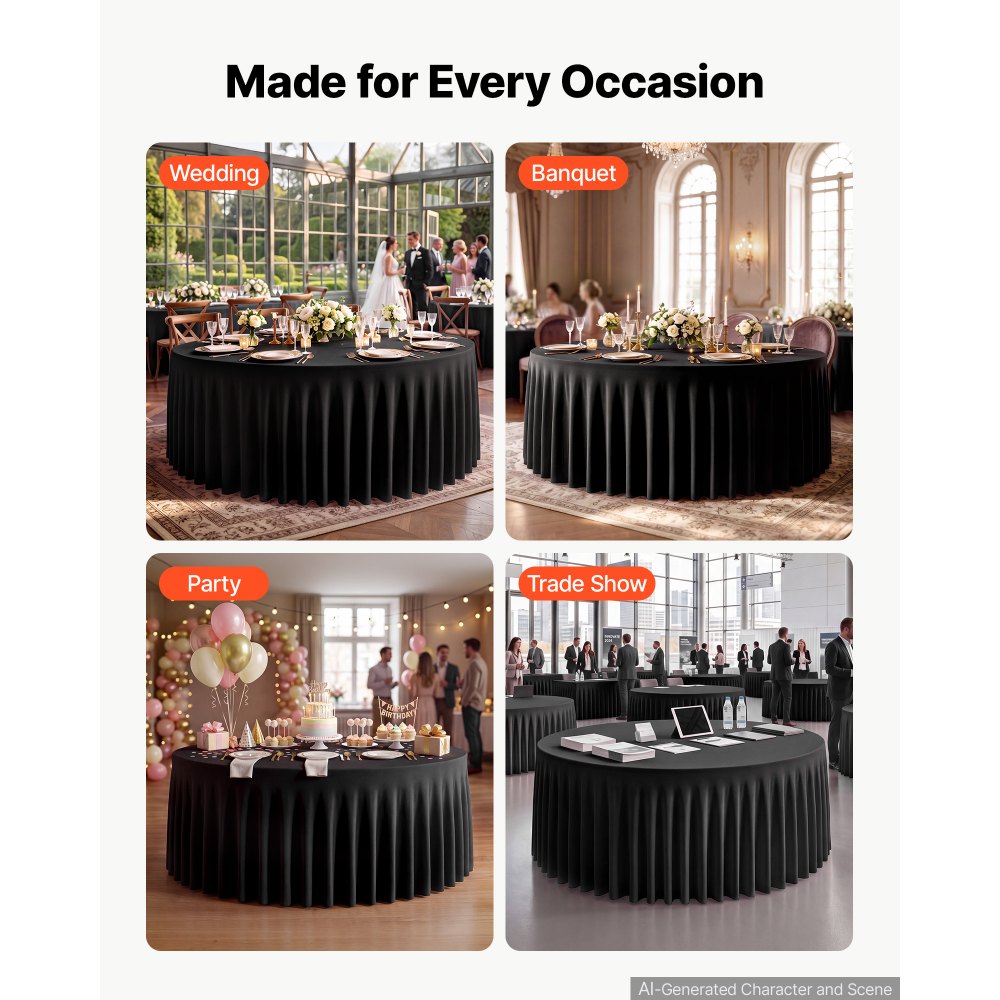 VEVOR Spandex Tablecloth with Skirt, 60-in Round Table Covers 6 Pack, Black, for Party Wedding Banquet Festival, Washable, Reusable, One-Piece, Tight, Fitted Table Cloth with Pleated Skirt