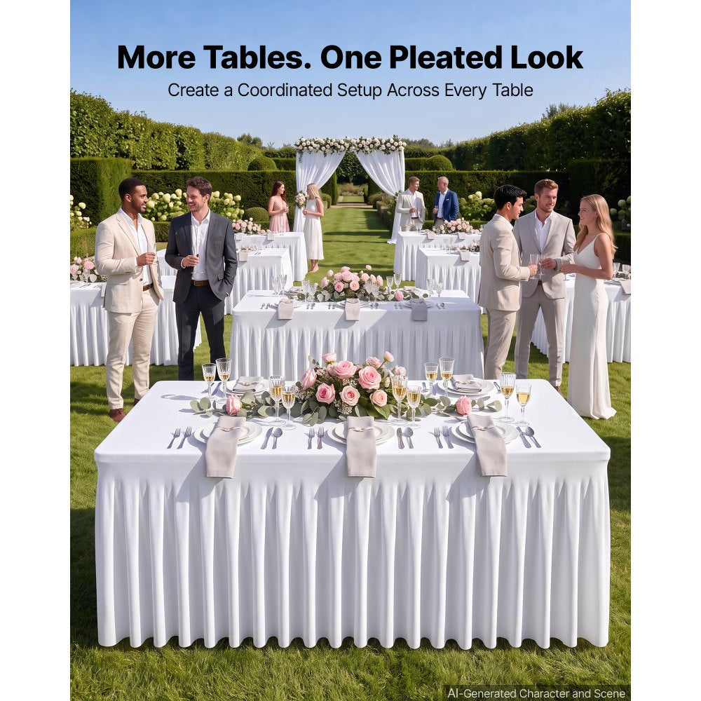 VEVOR Spandex Tablecloth with Skirt, 6 ft Rectangular Covers, 2 Pack, White, for Party Wedding Banquet Festival, Washable, Reusable, One-Piece, Tight, Fitted Table Cloth with Pleated Skirt