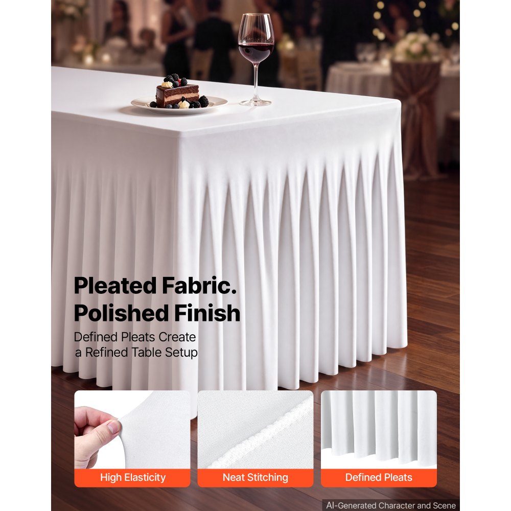 VEVOR Spandex Tablecloth with Skirt, 6 ft Rectangular Covers, 2 Pack, White, for Party Wedding Banquet Festival, Washable, Reusable, One-Piece, Tight, Fitted Table Cloth with Pleated Skirt